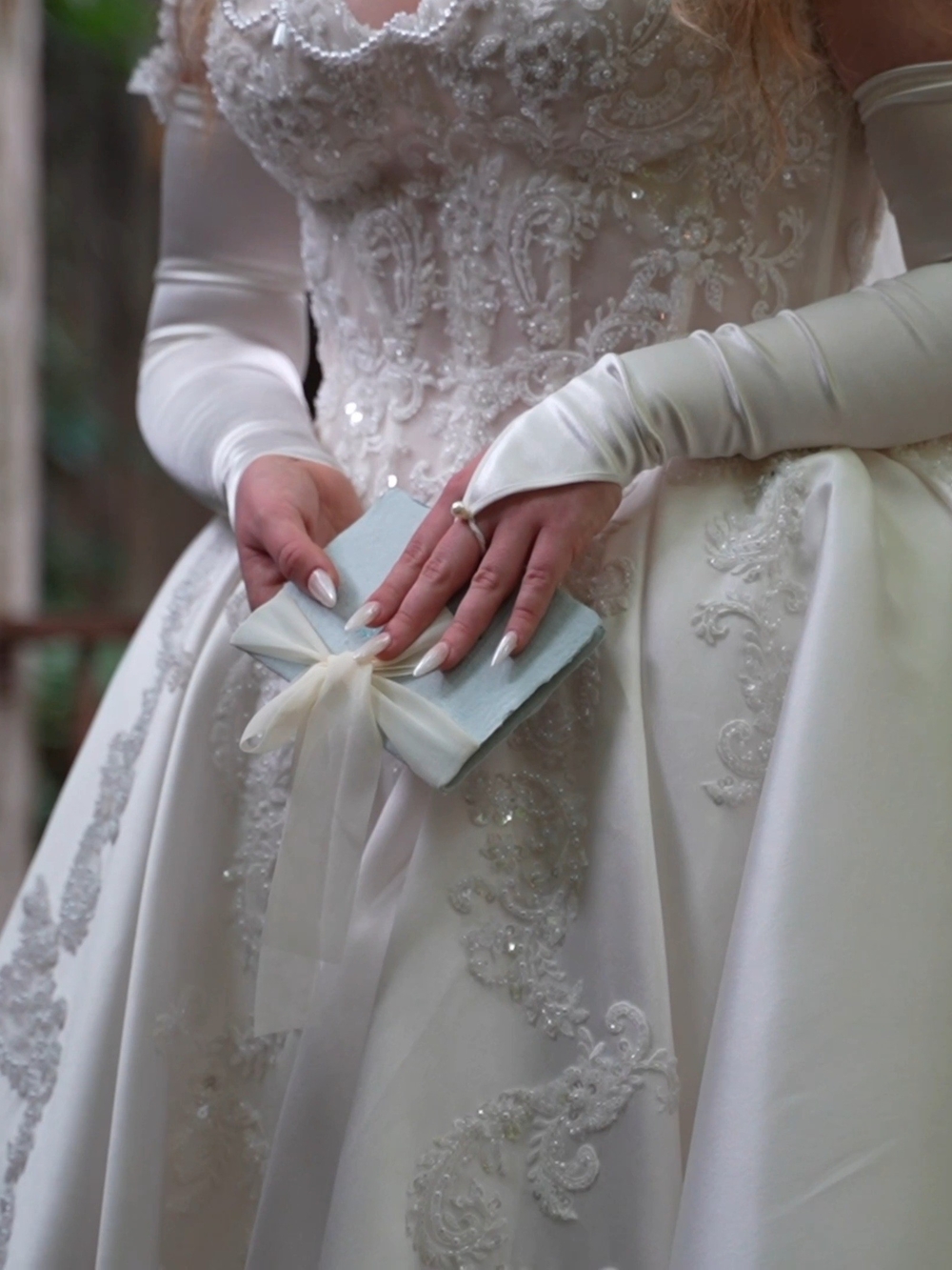 Cornelia James Custom Ivory Beaded Satin Over The Finger Elbow Gloves